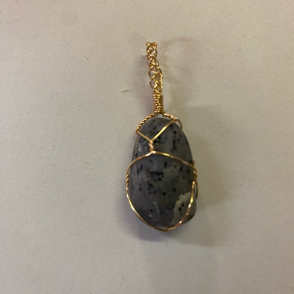 Gold Wire Wrapped Dark Blue Quartz Pendant Necklace